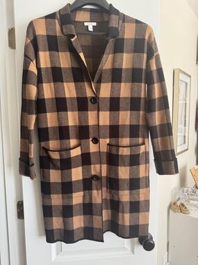 Nine West Black and Tan Buffalo Plaid Trench Coat